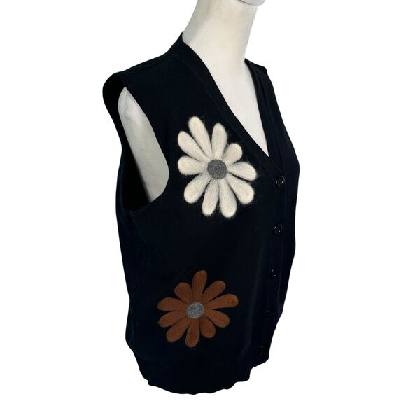 Sioni Button Front Sweater Vest Black Felted Flowers Daisys Size Med Stretchy - Picture 4 of 11